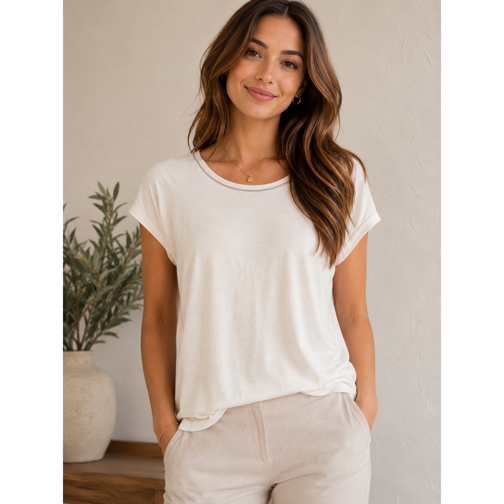 Zenergy by Chicos Cream Short Sleeve Tee Metallic Trim Size 2 Large